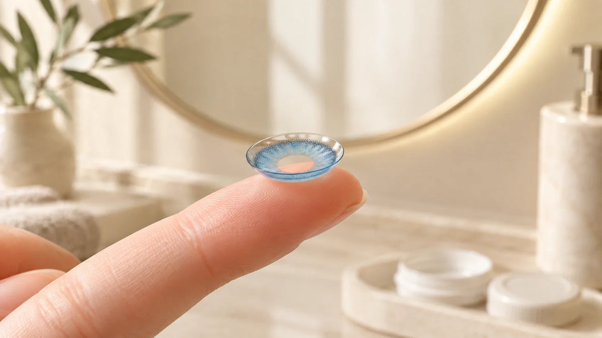 Makyaj aynası önünde parmak ucunda duran mavi renkli kontakt lens